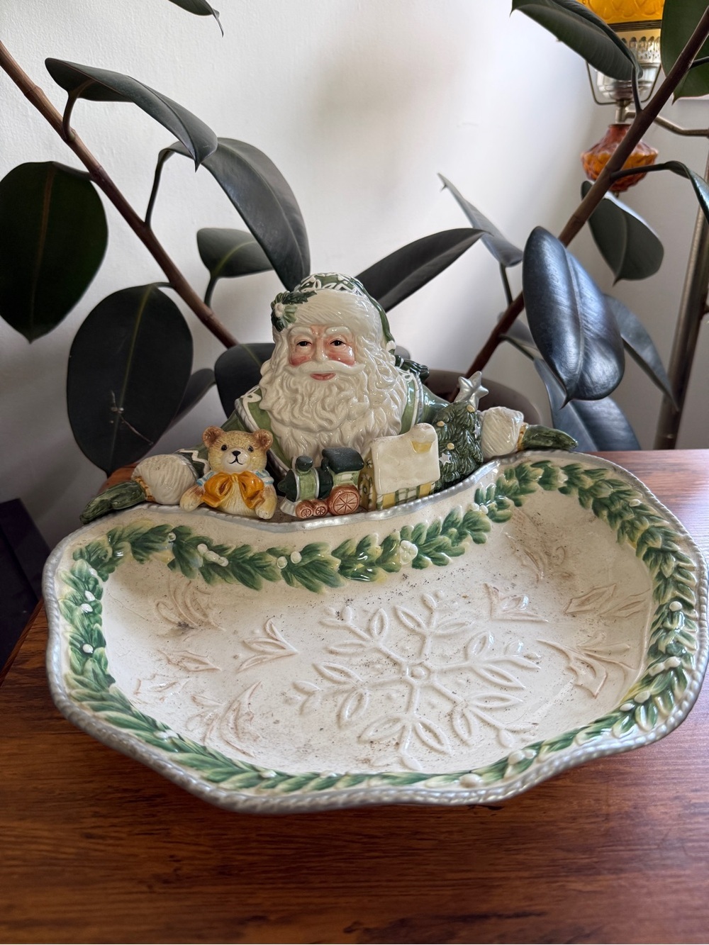 Santa Decorative Serving Bowl with Green Trim and Teddy Accent Fitz & Floyd
